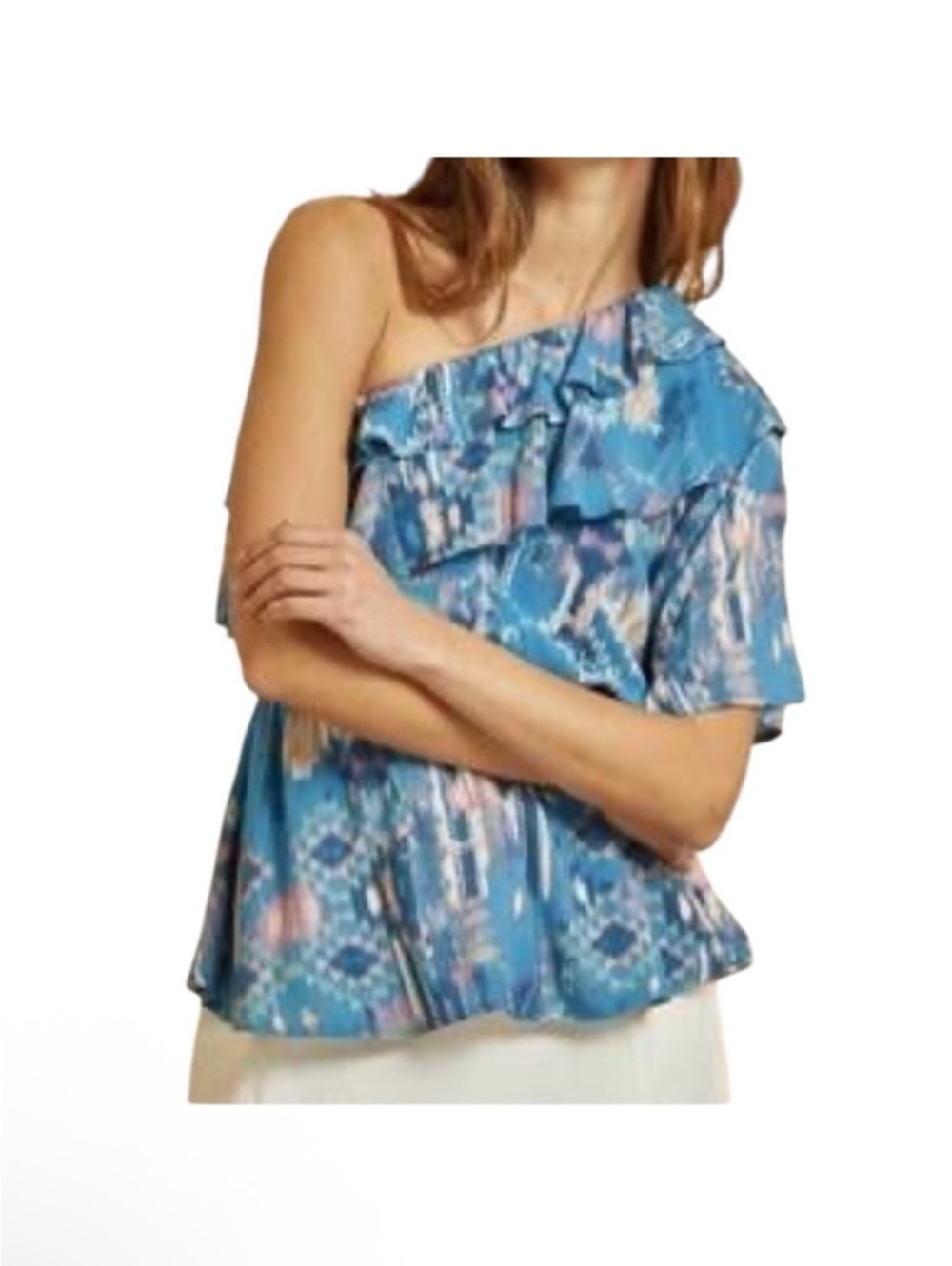 Teal Patterned One-Shoulder Ruffle Top - Picture 3 of 4